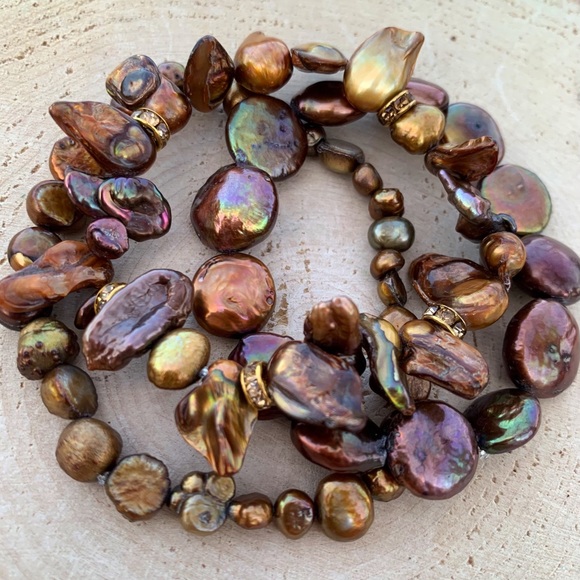 Natural Brown & Copper Cultured Baroque High Luster Freshwater Pearl Bracelets - Picture 3 of 15